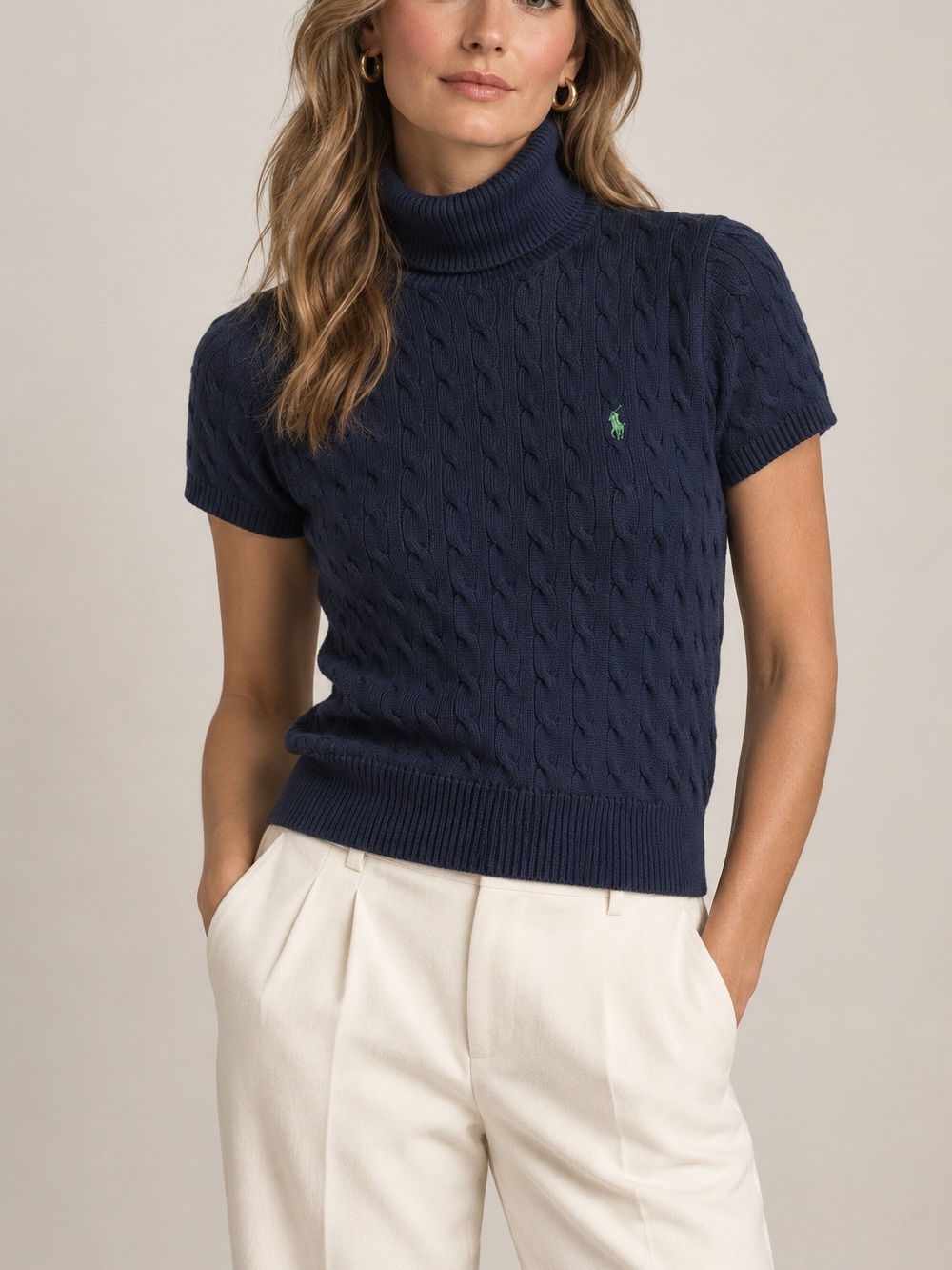 Ralph Lauren Sport 90s M Navy Cable Knit Turtleneck Sweater Preppy Quiet Luxury